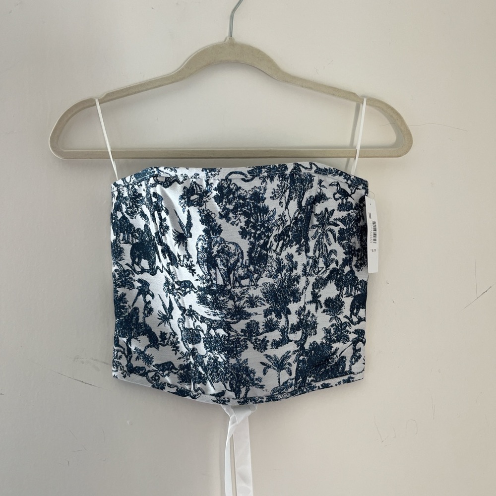 Blue and white strapless crop top, beautiful print